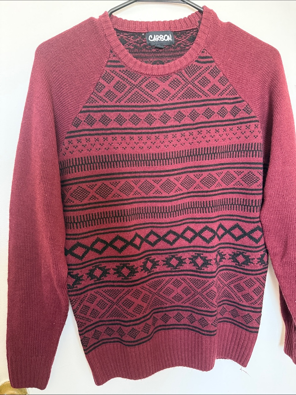 Carbon Men's Burgundy and Black Patterned Crewneck Sweater